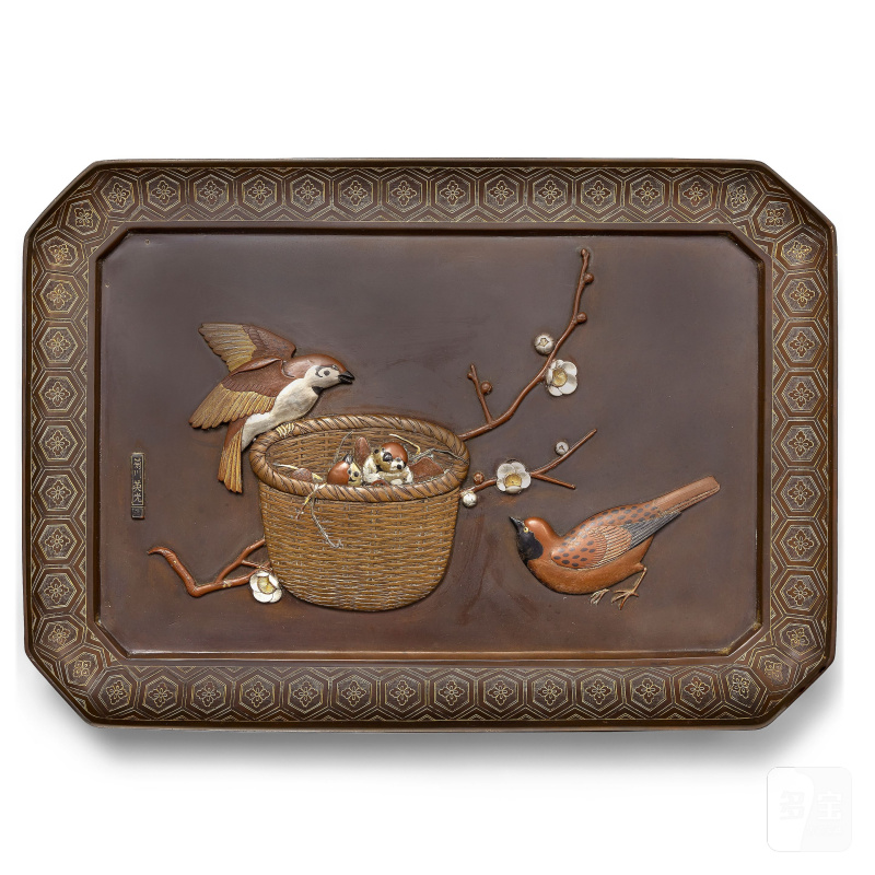 明治時代 銅雀紋托盤 | A BRONZE AND MIXED METAL TRAY